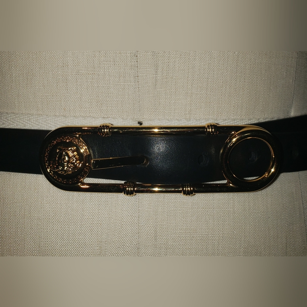 Versace Medusa safety pin buckle Black leather skinny Gold Belt